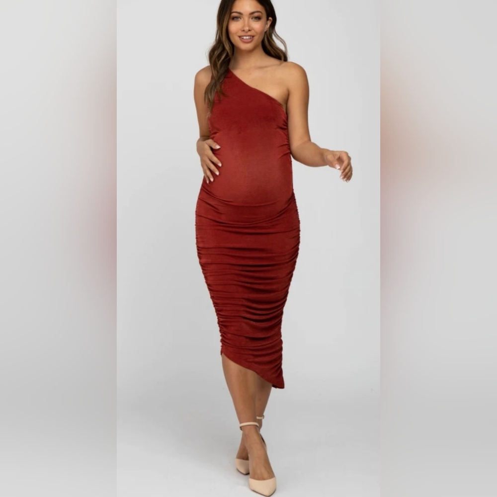 Rust One Shoulder Ruched Side Maternity Midi Dress